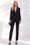 Black Printed Peak Lapel Single‑Breasted Floral Printed Women Suits
