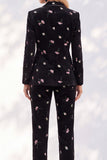 Black Printed Peak Lapel Single‑Breasted Floral Printed Women Suits