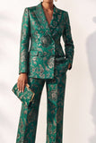 Dark Green Printed Peak Lapel Jacquard Double‑Breasted Women Suits with Pockets