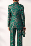 Dark Green Printed Peak Lapel Jacquard Double‑Breasted Women Suits with Pockets