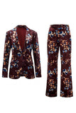 Rust Printed Velvet Single‑Breasted Peak Lapel Women Suits with Pockets