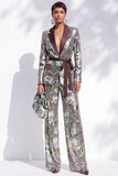 Silver Printed Sequins Notched Lapel Long Women Suits with Belt