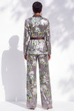 Silver Printed Sequins Notched Lapel Long Women Suits with Belt