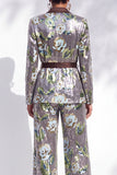 Silver Printed Sequins Notched Lapel Long Women Suits with Belt