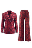 Dark Red Floral Jacquard Double‑Breasted Peak Lapel Long Women Suits
