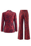 Dark Red Floral Jacquard Double‑Breasted Peak Lapel Long Women Suits