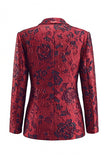 Dark Red Floral Jacquard Double‑Breasted Peak Lapel Long Women Suits