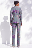 Grey Blue Jacquard Peak Lapel Pantsuits Long Women Suits