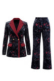Black Red Flower Peak Lapel Velvet Long Women Suits