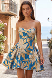 Blue Jacquard Ruched A-Line Strapless Short Cocktail Dress