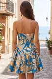 Blue Jacquard Ruched A-Line Strapless Short Cocktail Dress