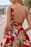 Red Bateau Neck Jacquard Bubble Hem Ruched A-Line Short Homecoming Dress