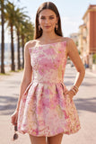 Pink Floral Jacquard Asymmetrical Ruched Bubble Hem Short Homecoming Dress