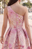 Pink One Shoulder Floral Jacquard Pleated A-Line Short Homecoming Dress
