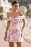 Pink Off the Shoulder Floral A-Line Short Cocktail Dress
