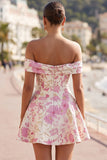 Pink Off the Shoulder Floral A-Line Short Cocktail Dress