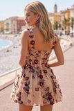 Champagne Sequins 3D Appliques Tulle Corset A-Line Short Homecoming Dress with Pockets
