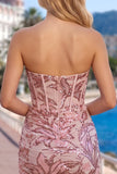 Sparkly Pink Corset Sequins Bodycon Strapless Short Cocktail Dress