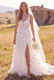 White A-Line Scoop 3D Flower Maxi Corset Elopement Wedding Dress with Side Slit
