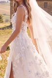White A-Line Scoop 3D Flower Maxi Corset Elopement Wedding Dress with Side Slit