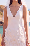 White Sheath V-Neck 3D Flower Short Elopement Wedding Dress