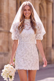 White Sheath High Neck Puff Sleeves Floral Mini Elopement Wedding Dress