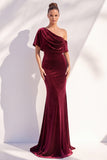 Burgundy Mermaid Ruched One Shoulder Asymmetrical Long Formal Dress