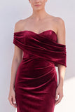 Burgundy Off The Shoulder Velvet Ruched Mermaid Formal Dress