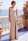 Champagne Sequins Mermaid Cap Sleeves Long Formal Dress with Slit