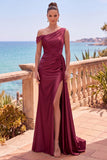 Navy Asymmetrical Ruched Shealth Long Formal Dress with Side Streamer