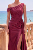 Navy Asymmetrical Ruched Shealth Long Formal Dress with Side Streamer