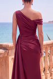 Navy Asymmetrical Ruched Shealth Long Formal Dress with Side Streamer