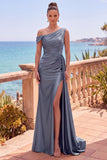 Navy Asymmetrical Ruched Shealth Long Formal Dress with Side Streamer
