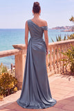 Navy Asymmetrical Ruched Shealth Long Formal Dress with Side Streamer