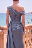 Navy Asymmetrical Ruched Shealth Long Formal Dress with Side Streamer