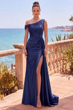 Navy Asymmetrical Ruched Shealth Long Formal Dress with Side Streamer