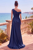 Navy Asymmetrical Ruched Shealth Long Formal Dress with Side Streamer