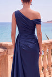 Navy Asymmetrical Ruched Shealth Long Formal Dress with Side Streamer