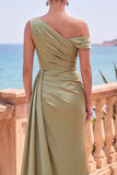 Navy Asymmetrical Ruched Shealth Long Formal Dress with Side Streamer
