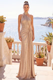 Champagne High Neck Sheath Ruched Long Formal Dress with Train