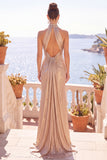 Champagne High Neck Sheath Ruched Long Formal Dress with Train