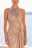 Champagne High Neck Sheath Ruched Long Formal Dress with Train