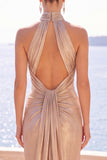 Champagne High Neck Sheath Ruched Long Formal Dress with Train