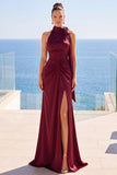 Burgundy High Neck Sheath Ruched Long Formal Dress with Bow