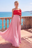 Simple Pink And Red Asymmetrical A-Line Ruched Long Formal Dress