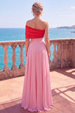 Simple Pink And Red Asymmetrical A-Line Ruched Long Formal Dress