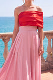Simple Pink And Red Asymmetrical A-Line Ruched Long Formal Dress
