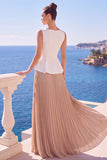 White And Champagne Pleated A-Line Bateau Neck Long Formal Dress