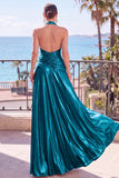 Champagne Metallic A-Line Satin Halter Ruched Backless Long Formal Dress