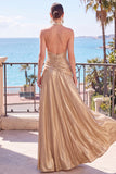 Champagne Metallic A-Line Satin Halter Ruched Backless Long Formal Dress